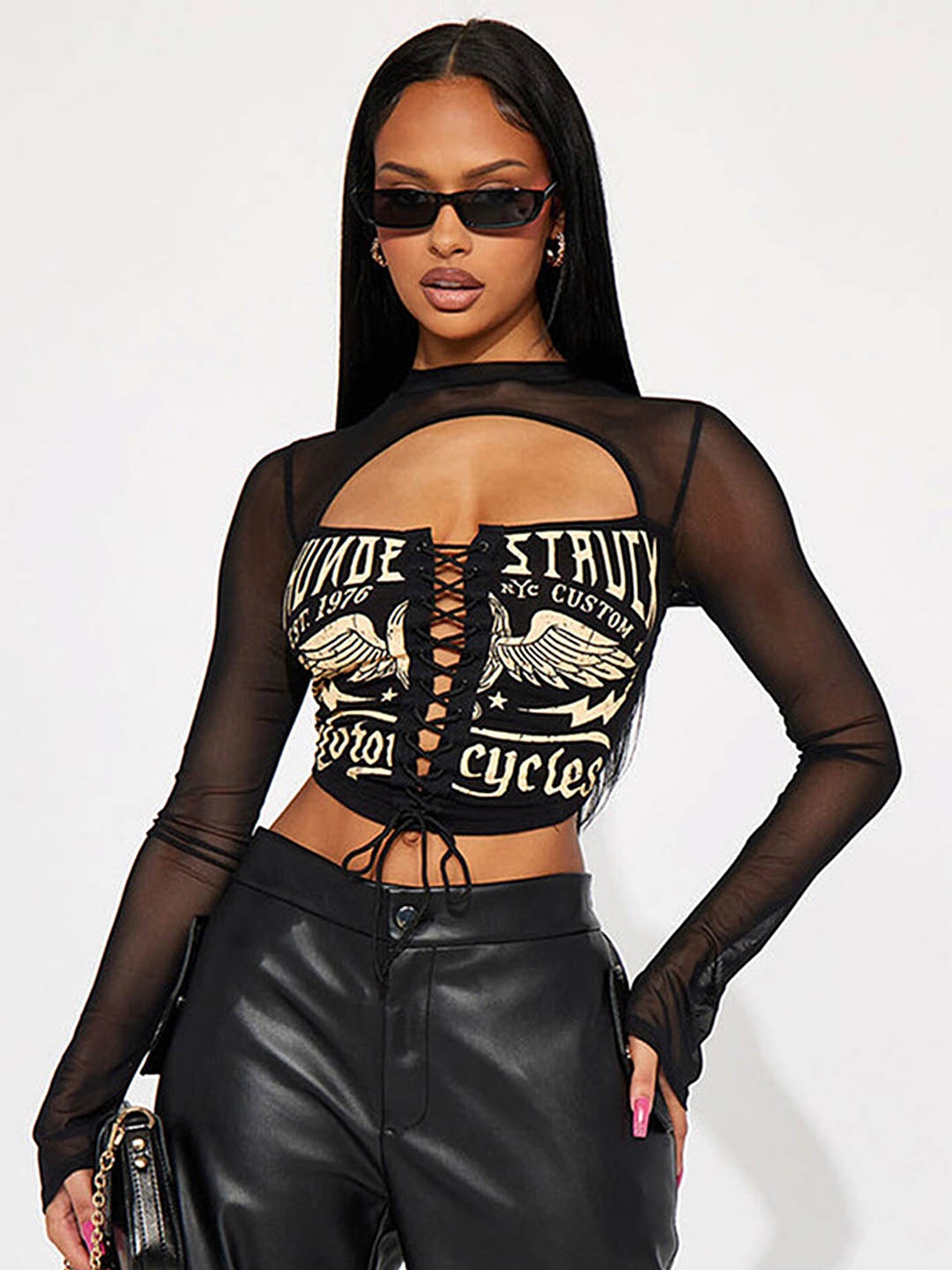 

LULU & SKY Typography Printed Lace-up Mock Neck Crop Corset Top, Black