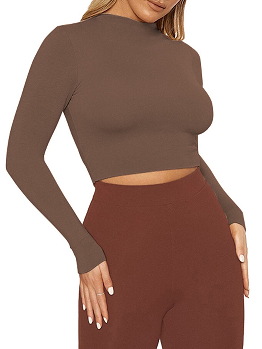 

LULU & SKY High Neck Seamless Fitted Crop Top, Brown