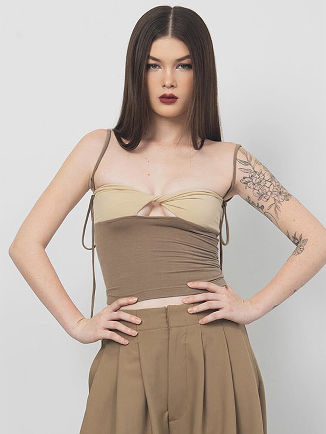 

LULU & SKY Cut Out Convertible Cotton Tube Crop Top, Brown