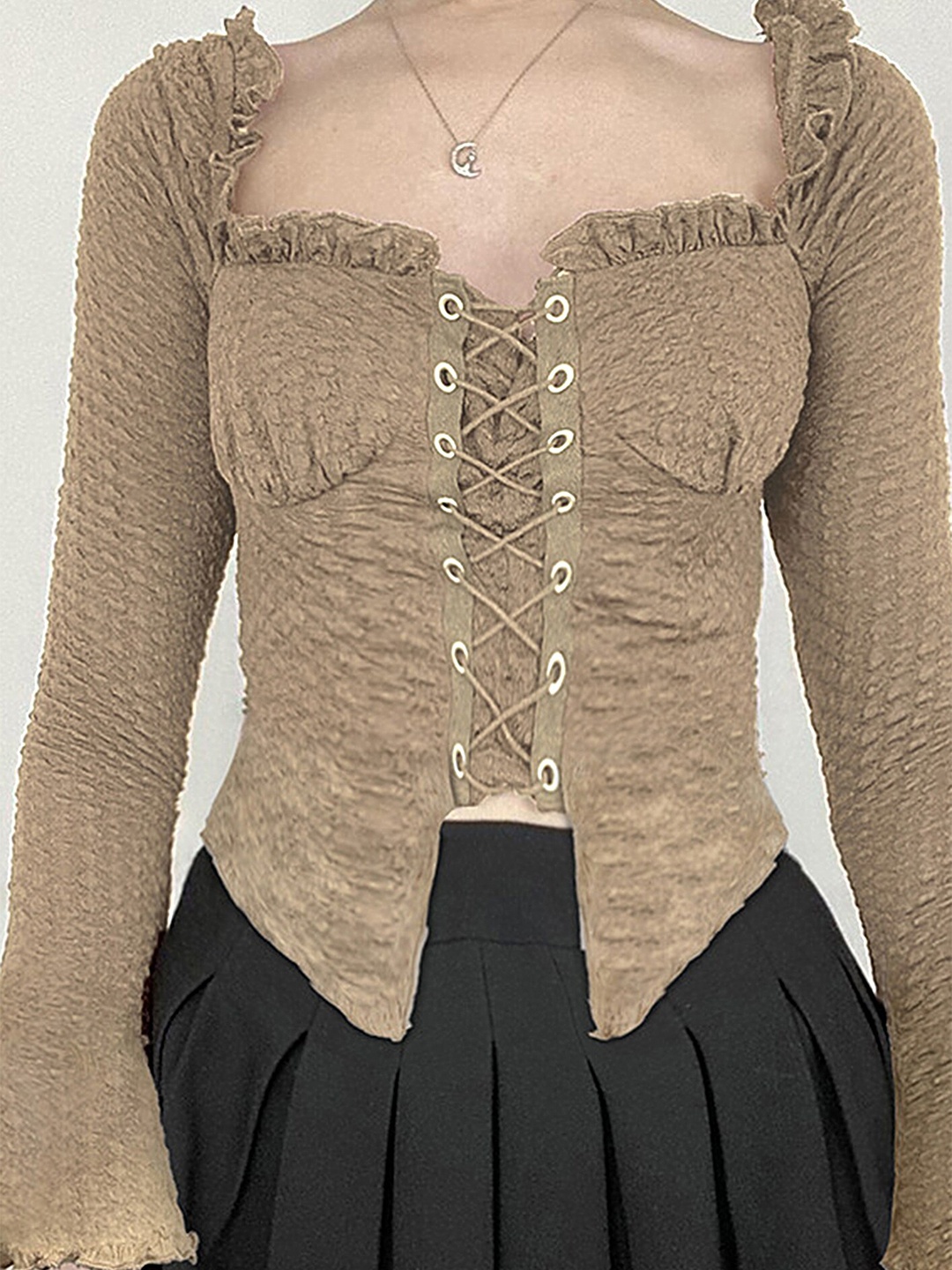 

LULU & SKY Self Design Sweetheart Neck Lace Up Fitted Retro Top, Khaki