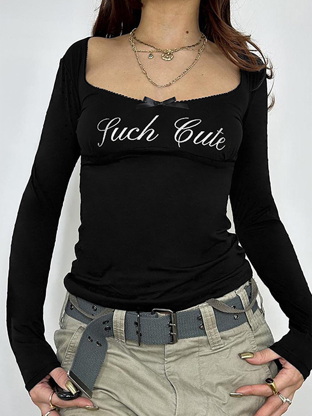 

LULU & SKY Typography Printed Scoop Neck Slim Fit Top, Black