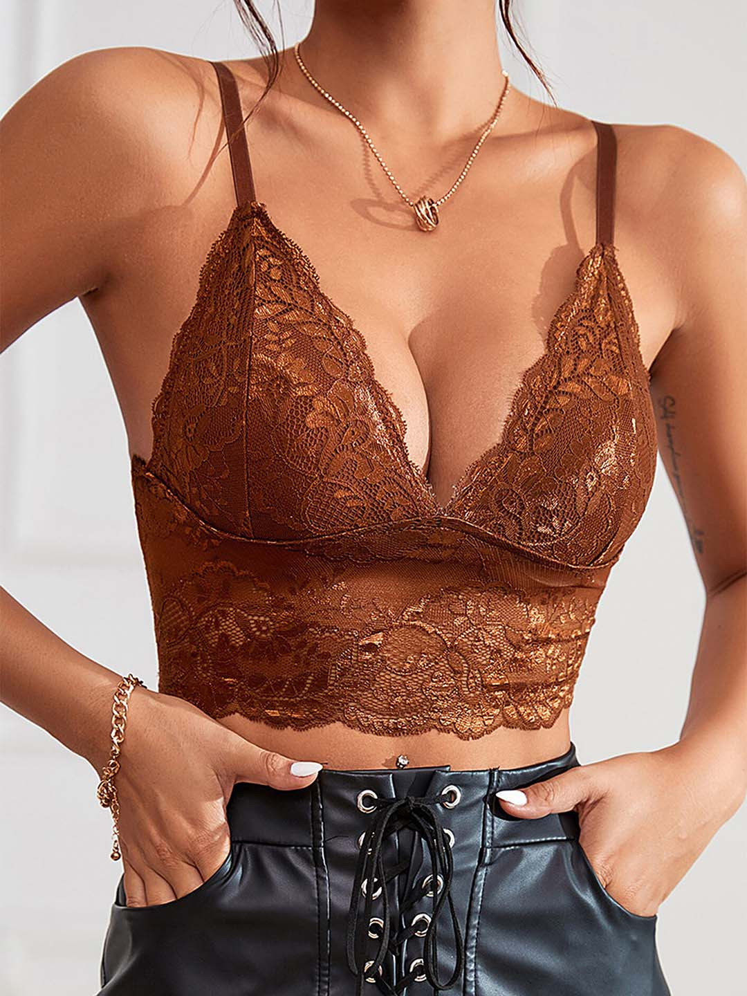 

LULU & SKY Floral Self Design Lace Inserts Shoulder Straps Bralette Crop Top, Brown