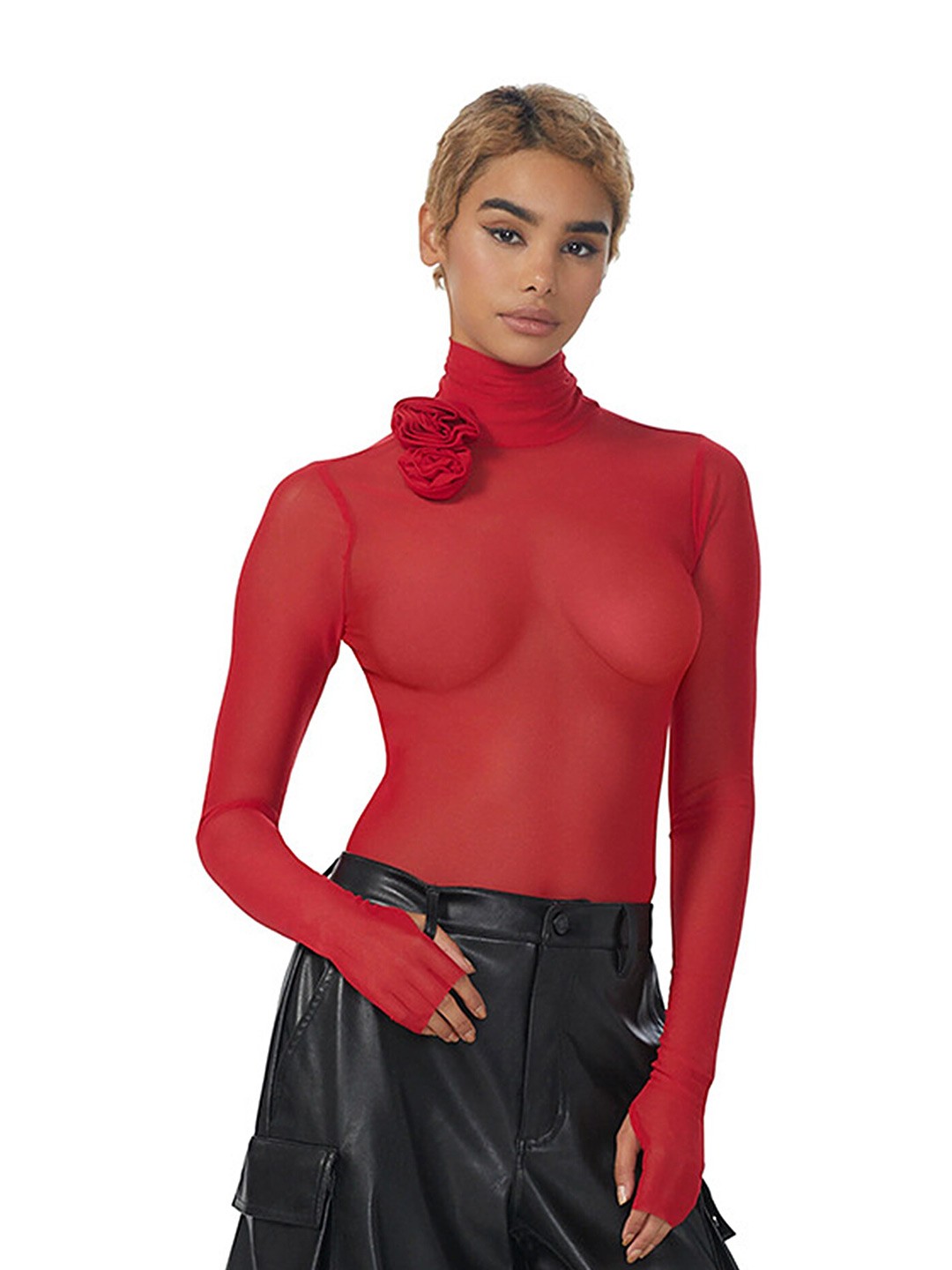 

LULU & SKY High Neck Long Sleeves Sheer Fitted Top, Red