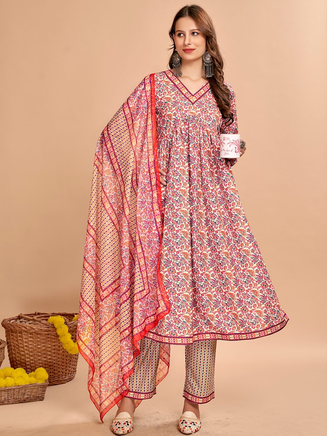 

Anouk Red Floral Printed V-Neck Regular Kurta With Trousers & Dupatta