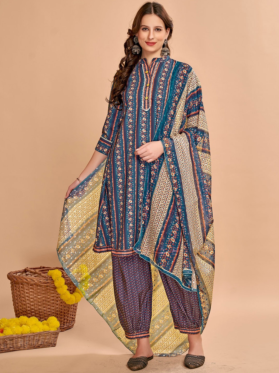 

Anouk Blue Ethnic Motifs Printed Mandarin Collar Regular Kurta With Salwar & Dupatta