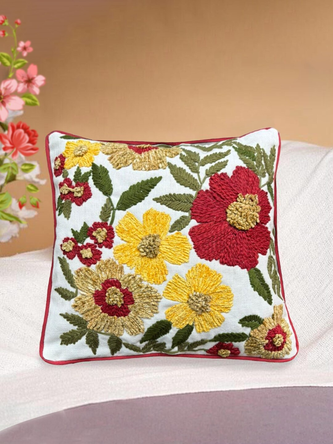 

SHADES of LIFE White & Red 2 Pieces Floral Square Cushion Covers