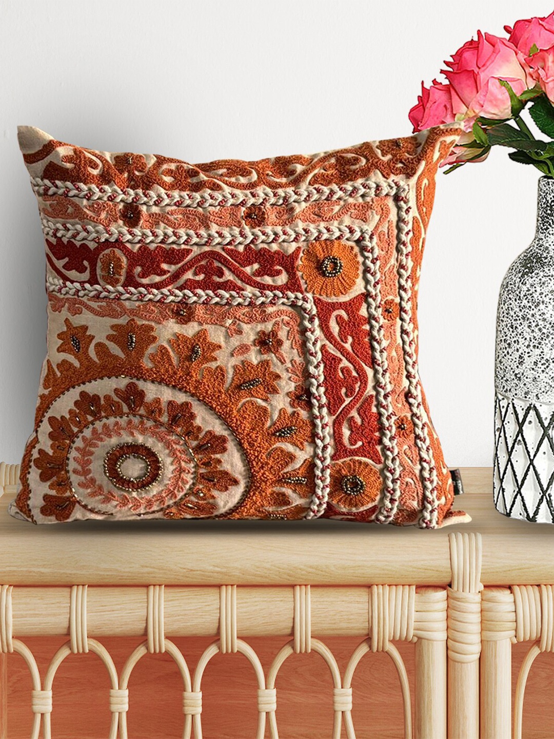

SHADES of LIFE Brown & Rust 2 Pieces Embellished Square Cushion Covers