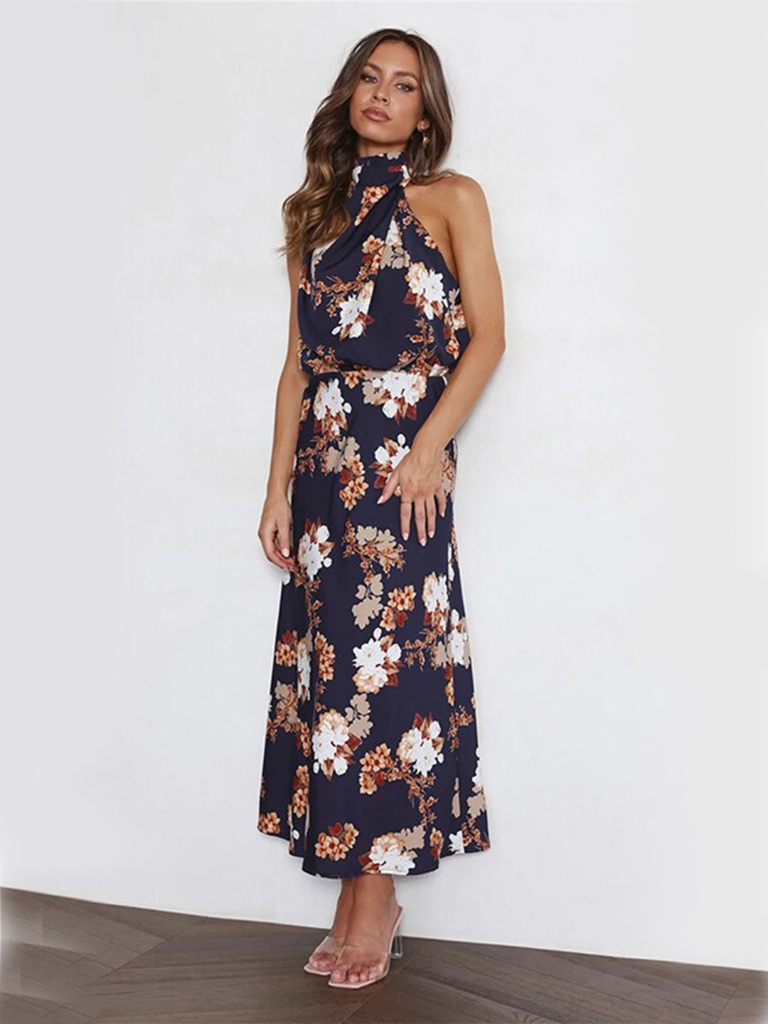 

StyleCast Navy Blue Floral Printed Halter Neck Maxi Dress