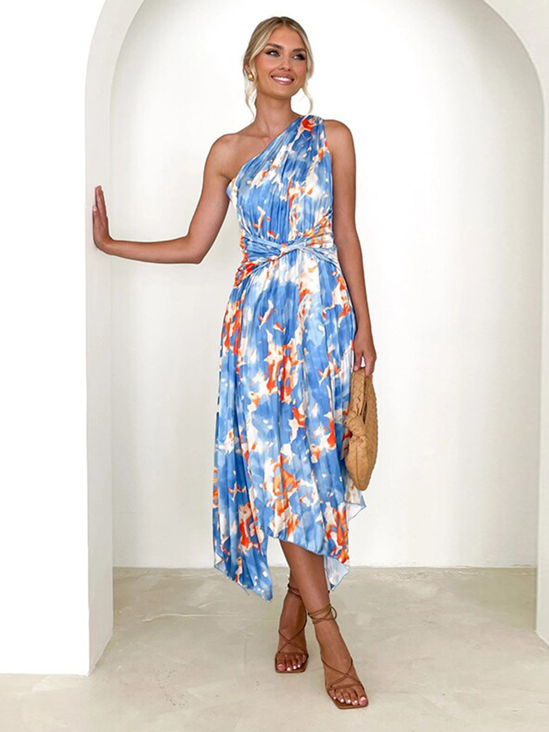 

StyleCast Blue Tie and Dye One Shoulder Midi Dress