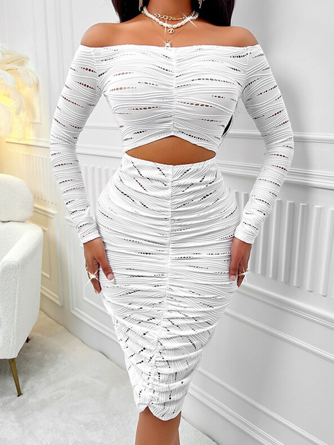 

StyleCast Abstract Printed Off-Shoulder Bodycon Midi Dress, White