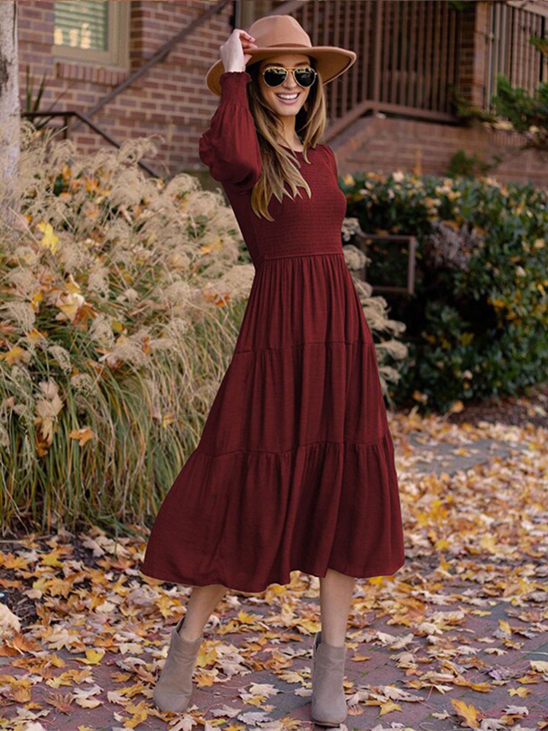 

StyleCast Maroon Cuffed Sleeves Tiered Detail Fit and Flare Midi Dress