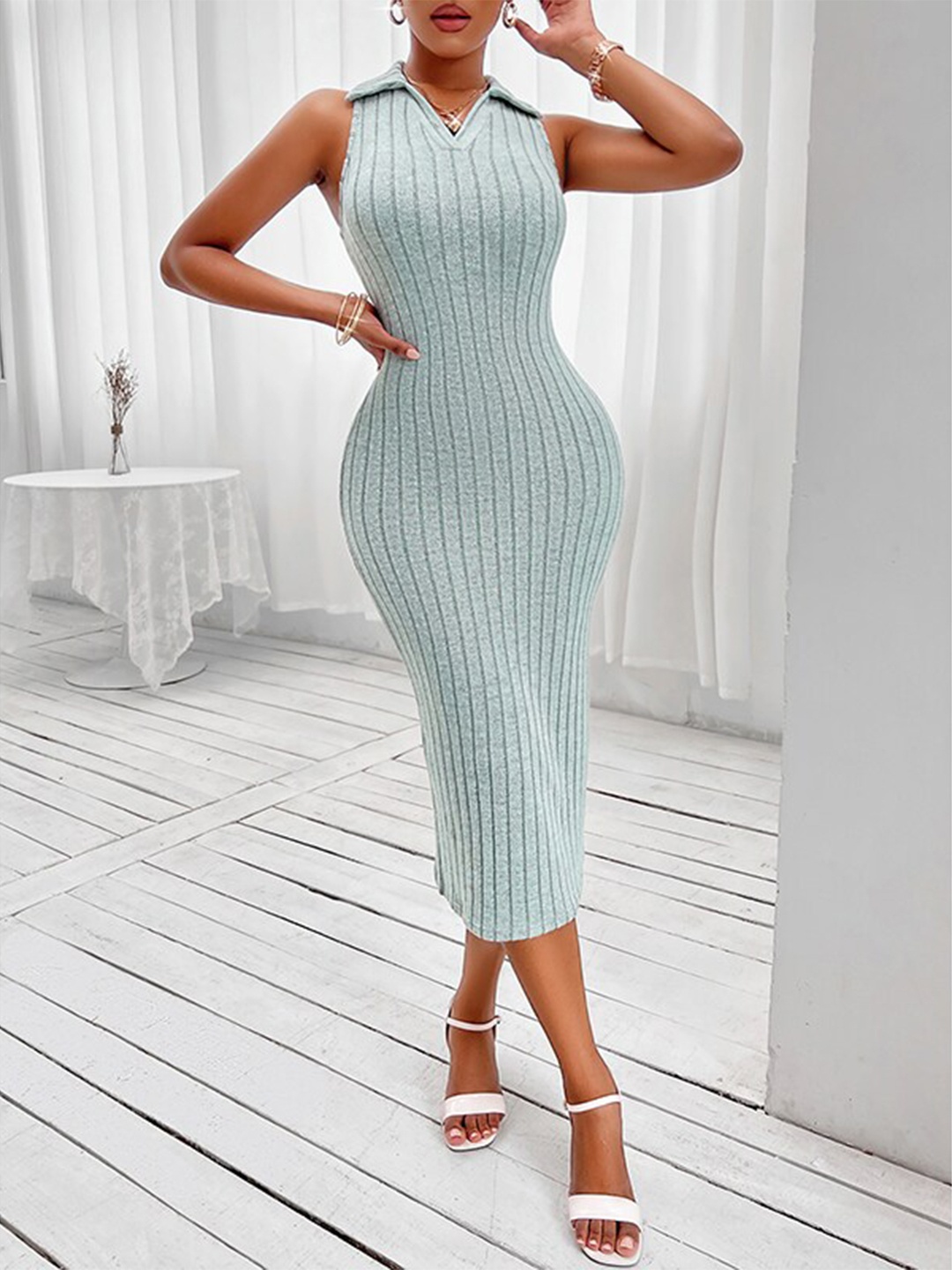 

StyleCast Green Ribbed Shirt Collar Bodycon Midi Dress