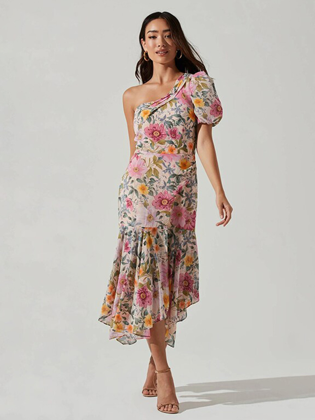 

StyleCast Beige Floral Printed One Shoulder A-Line Midi Dress