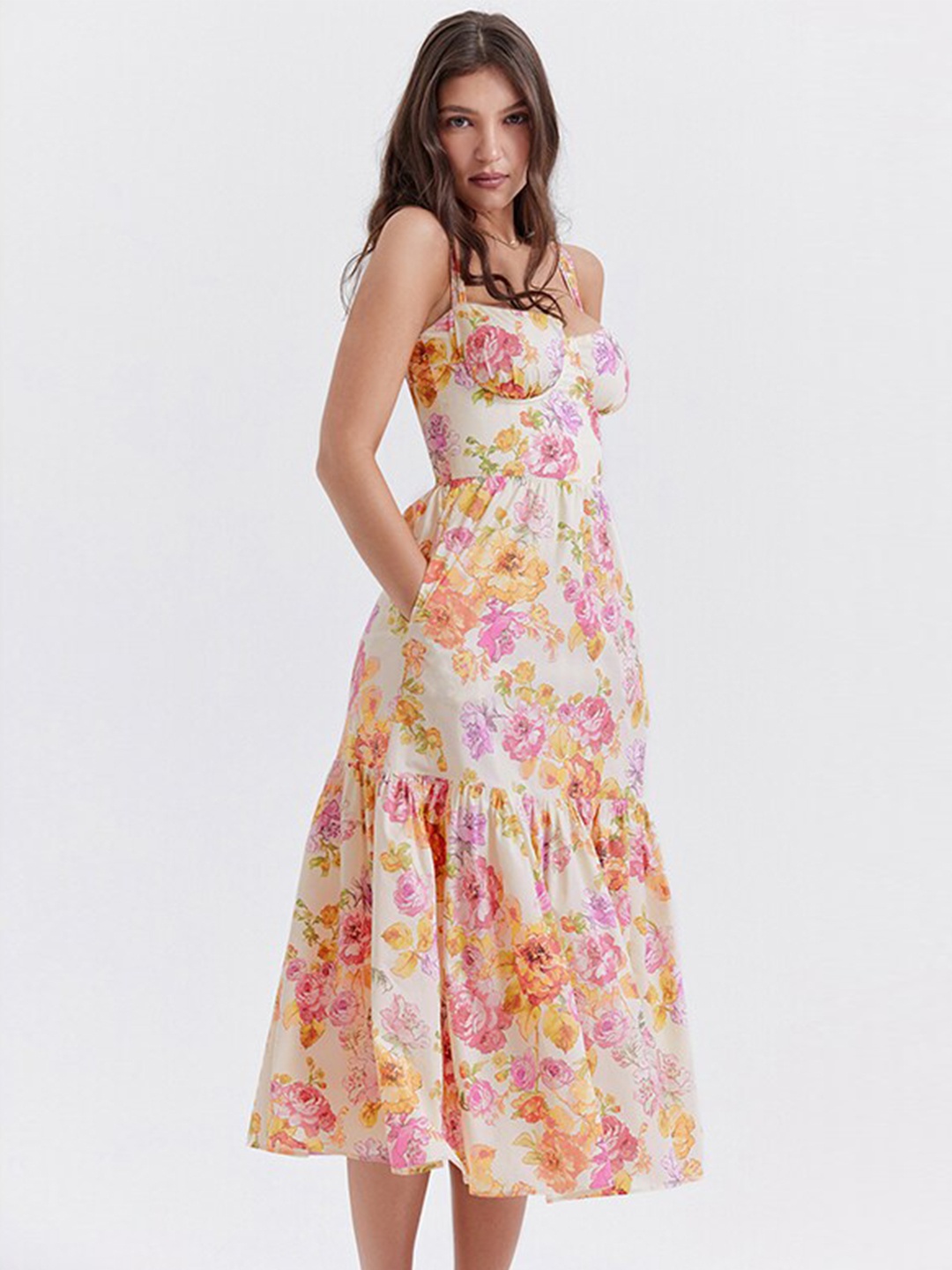 

StyleCast Orange Floral Printed A-Line Midi Dress