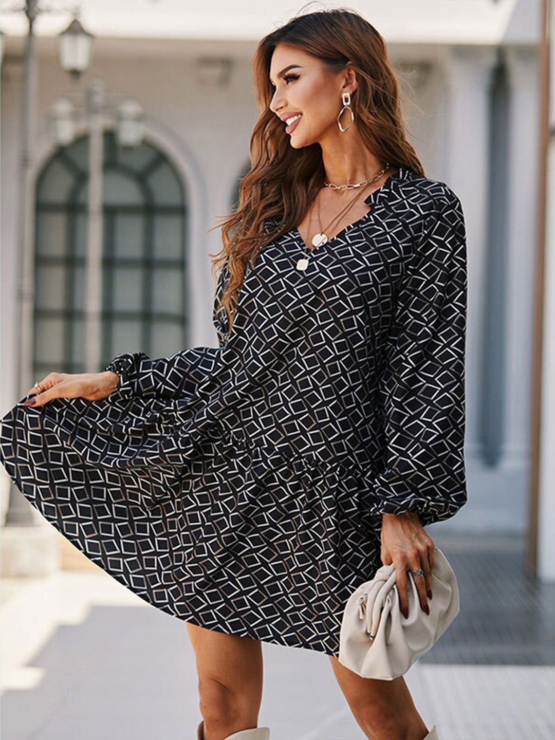 

StyleCast Black Geometric Printed Puff Sleeves A-Line Dress