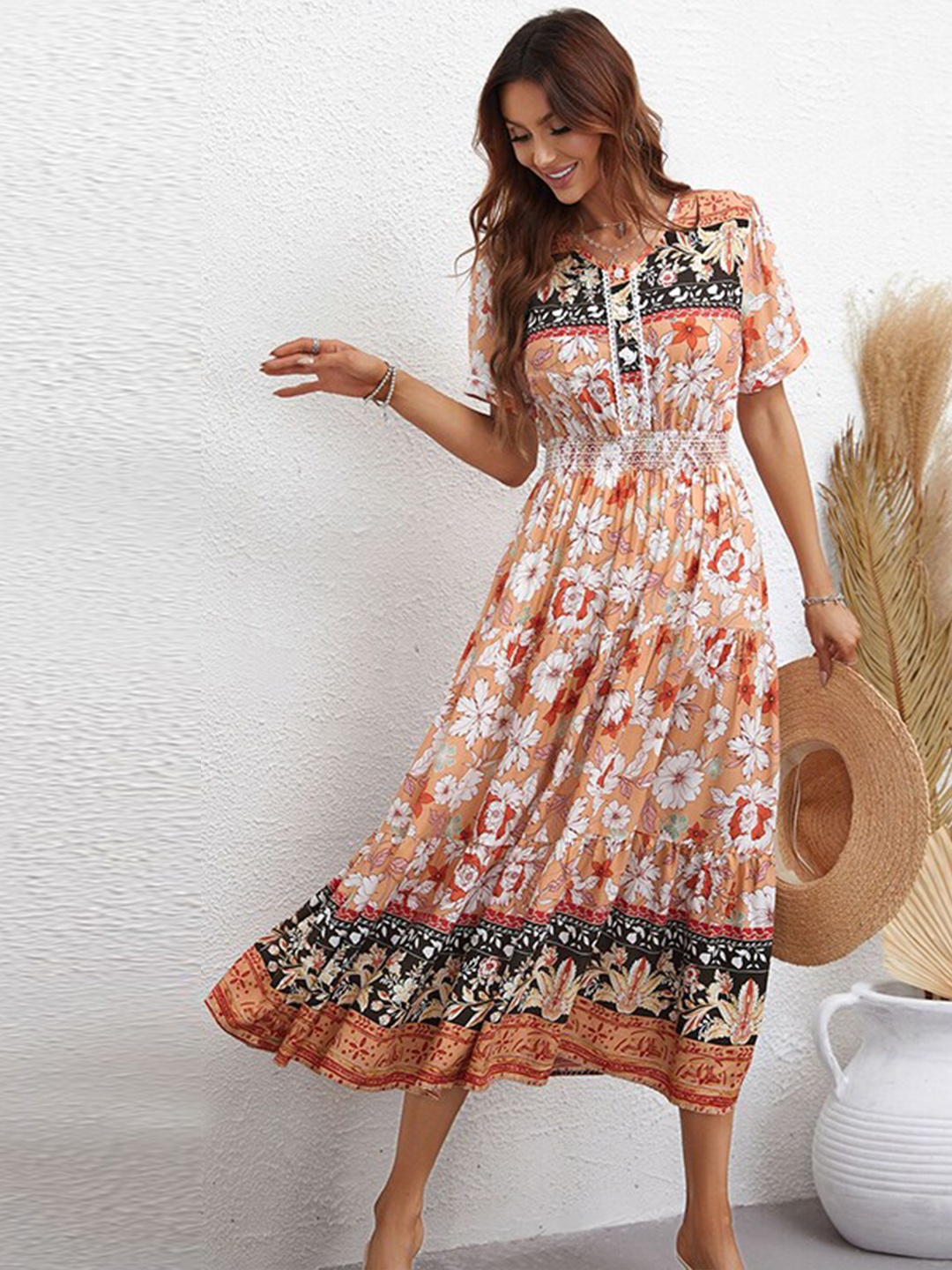 

StyleCast Peach Coloured & White Floral Printed V-Neck Fit & Flare Midi Dress