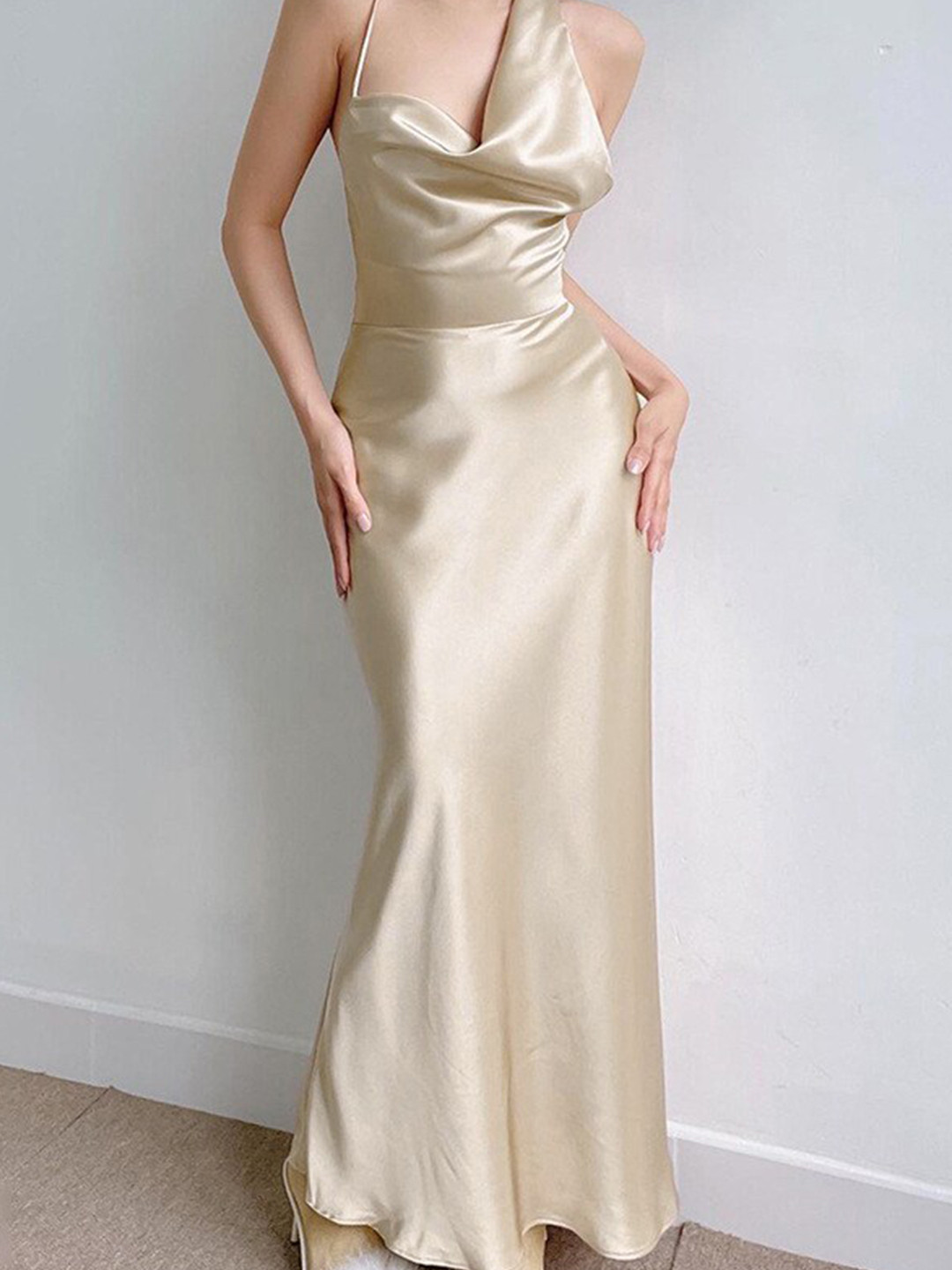 

StyleCast Beige Halter Neck Sleeveless Maxi Dress