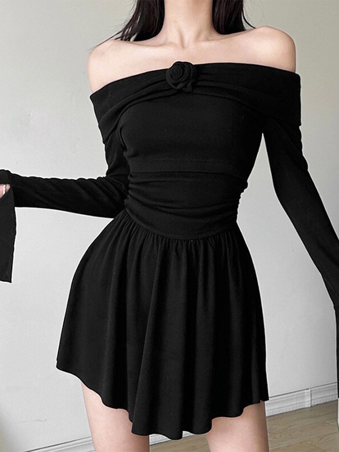 

StyleCast Black Off-Shoulder Bell Sleeve Ruffled Fit & Flare Mini Dress