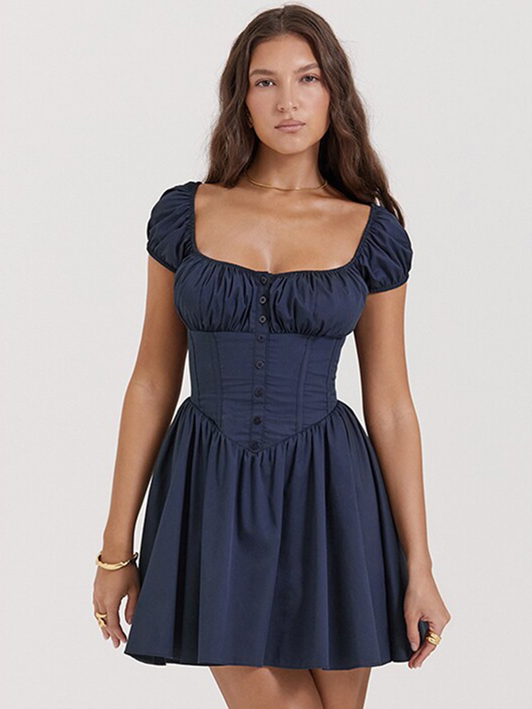

StyleCast Navy Blue Square Neck Puff Sleeves Corsage Detail Fit & Flare Mini Dress