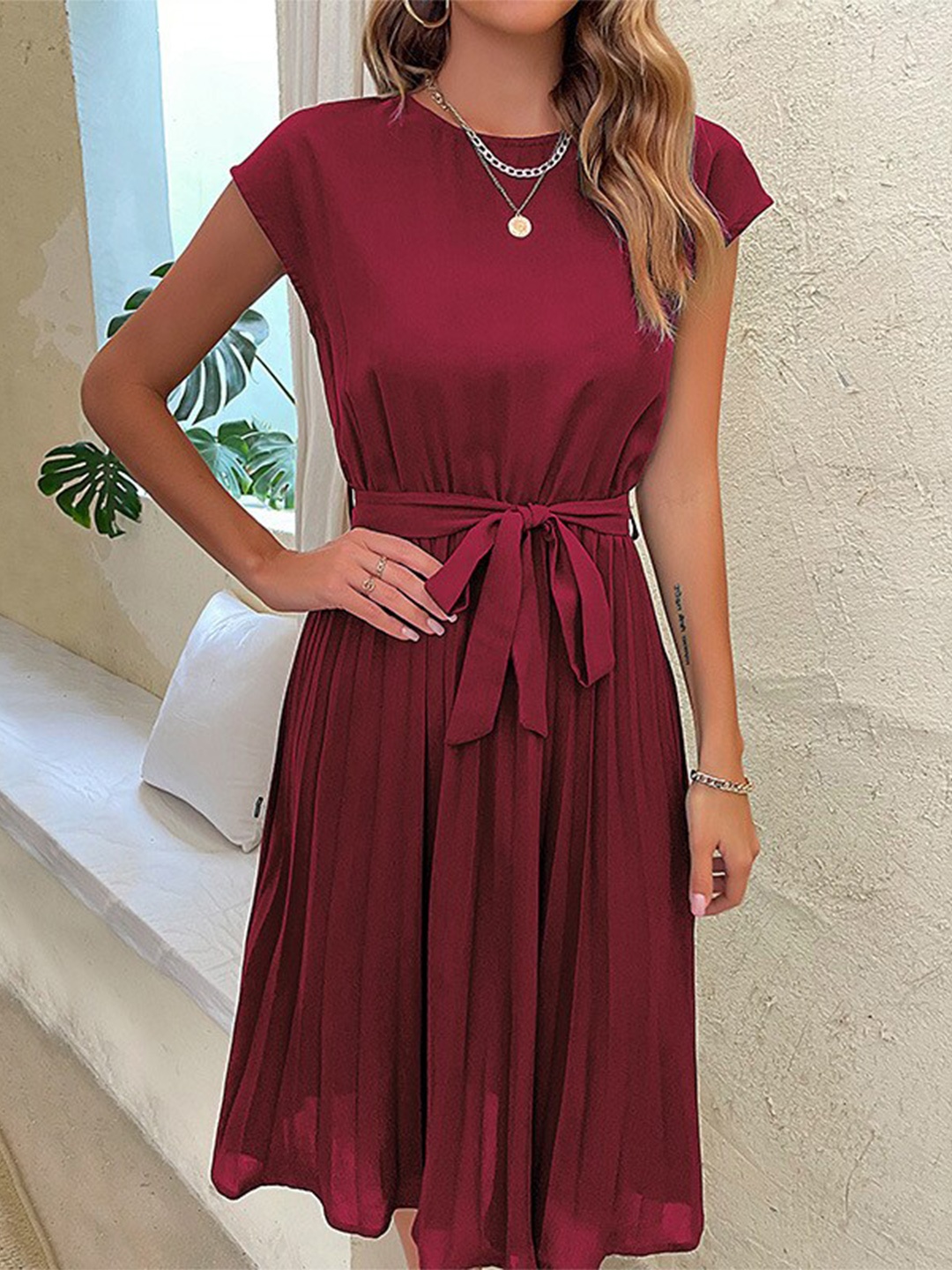 

StyleCast Maroon Extended Sleeves Fit & Flare Midi Dress