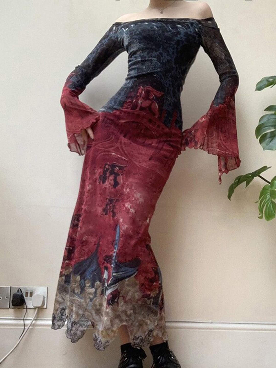 

StyleCast Blue & Maroon Abstract Printed Off-Shoulder Bell Sleeve Maxi Dress