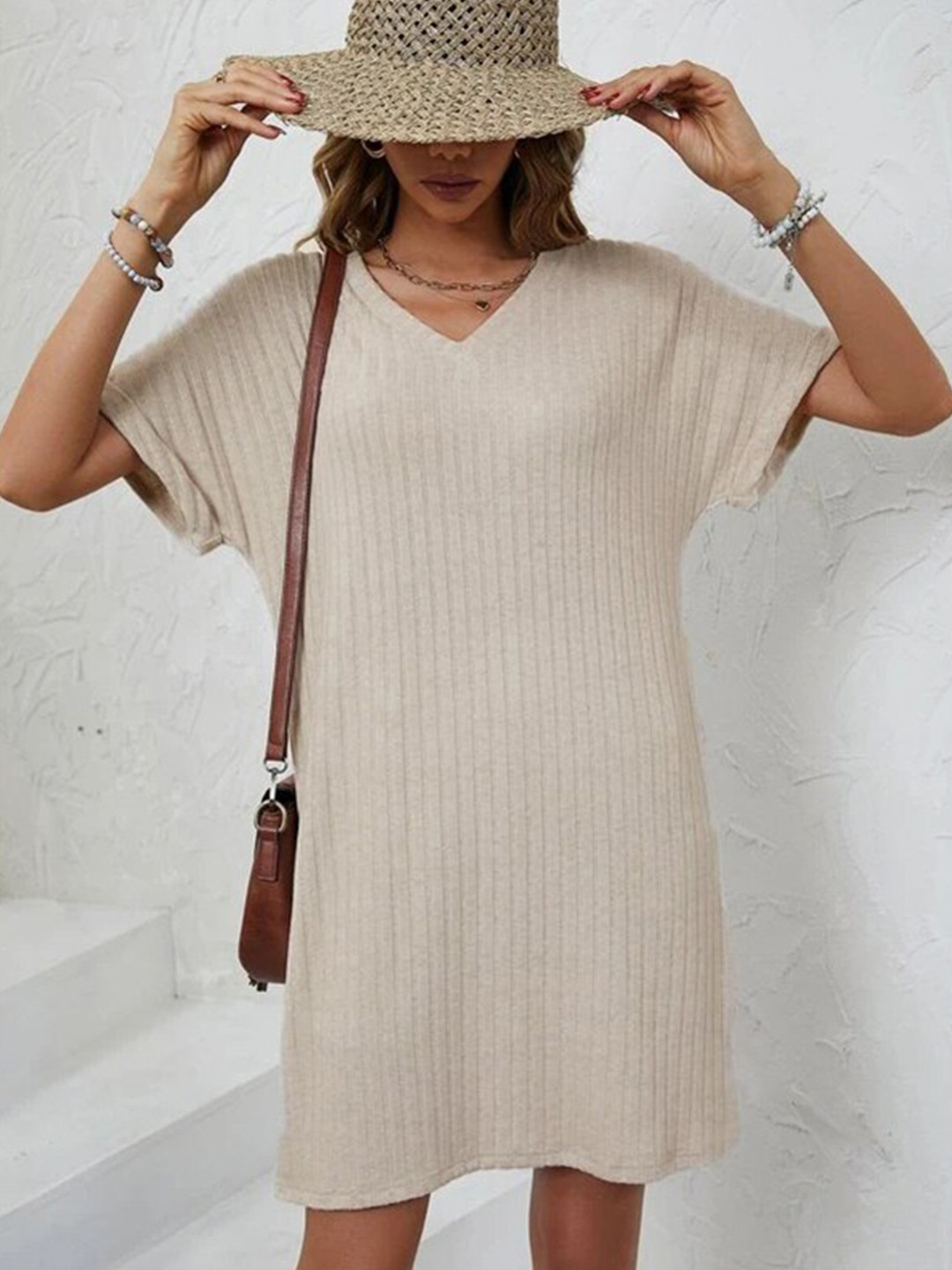 

StyleCast Beige Striped Extended Sleeves T-shirt Dress