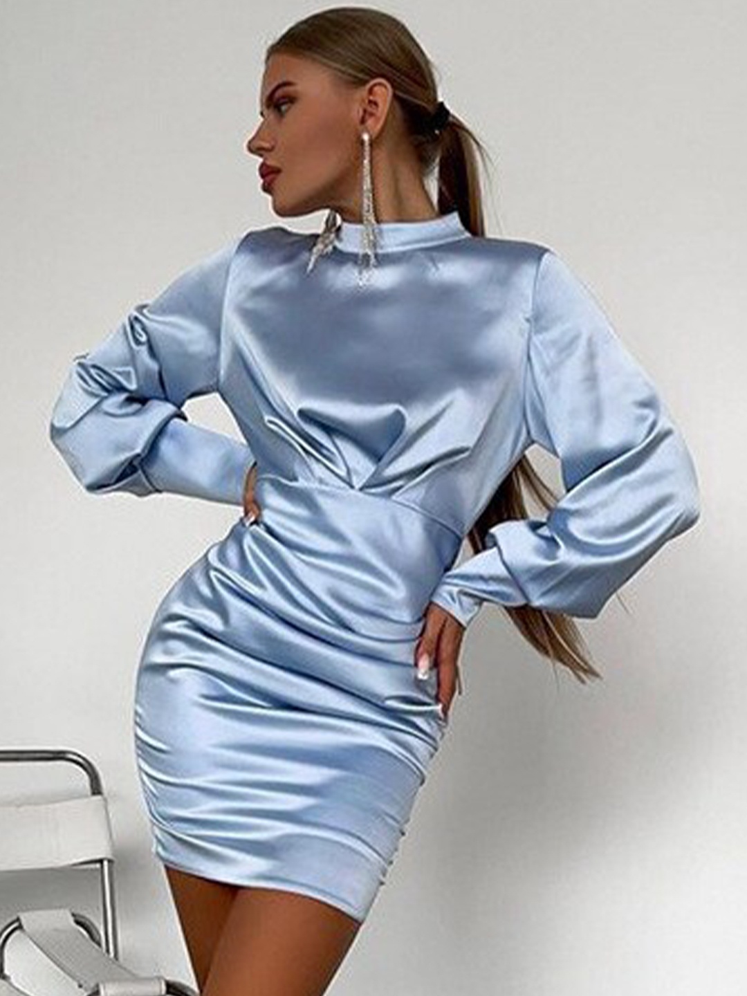 

StyleCast Blue High Neck Bishop Sleeve Sheath Dress