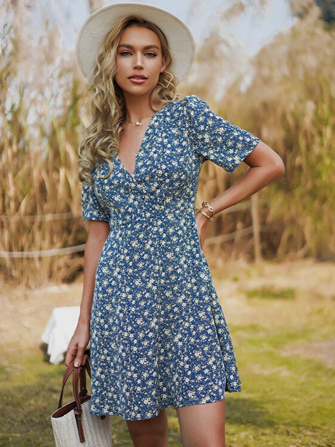 

StyleCast Blue Floral Printed A-Line Dress