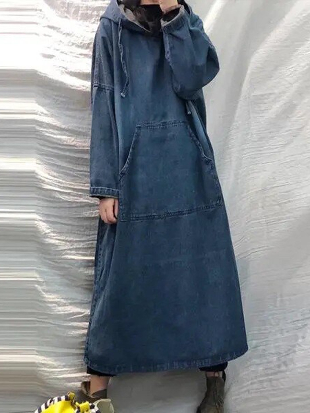 

StyleCast Blue Hooded Drop Shoulder Sleeves Cotton A-Line Maxi Dress