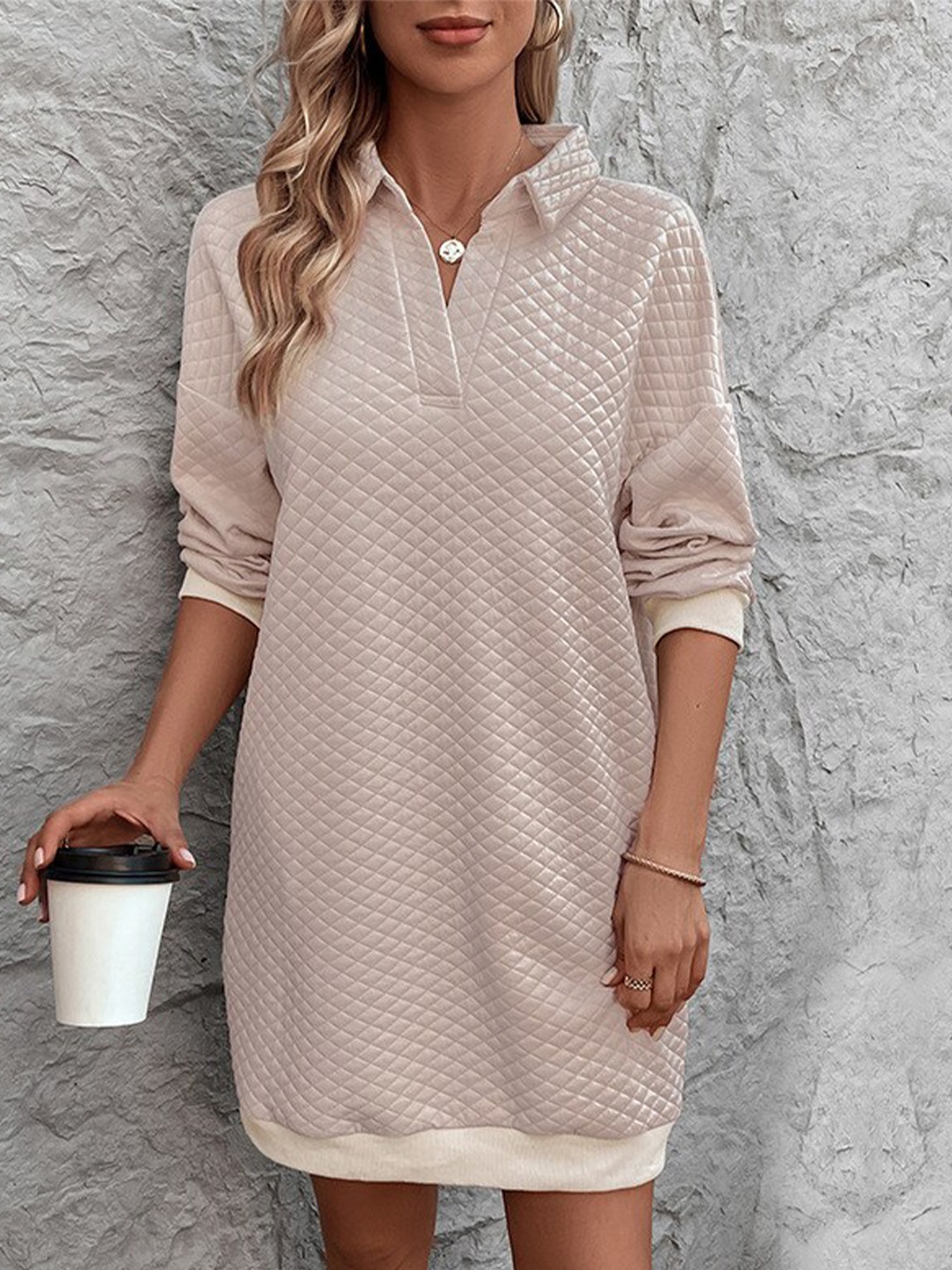 

StyleCast Beige Self Design Shirt Collar T-shirt Dress