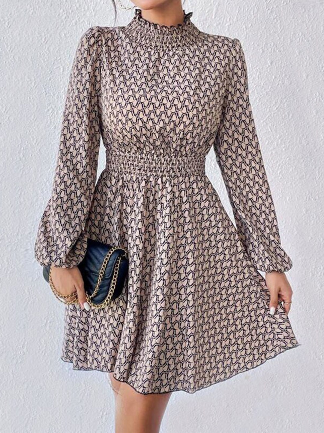 

StyleCast Khaki Abstract Print High Neck Puff Sleeve Fit & Flare Dress