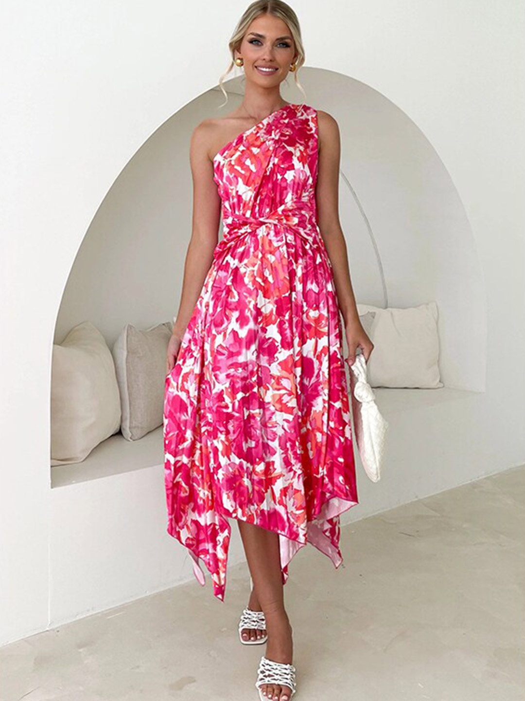 

StyleCast Pink Floral Print One Shoulder Fit & Flare Midi Dress