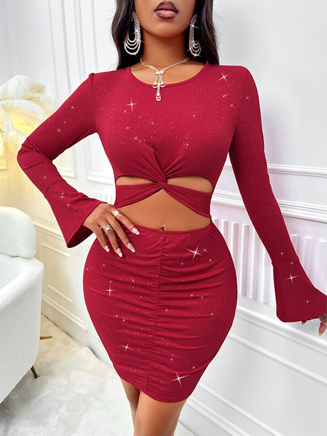 

StyleCast Red Abstract Printed Bell Sleeve Bodycon Mini Dress