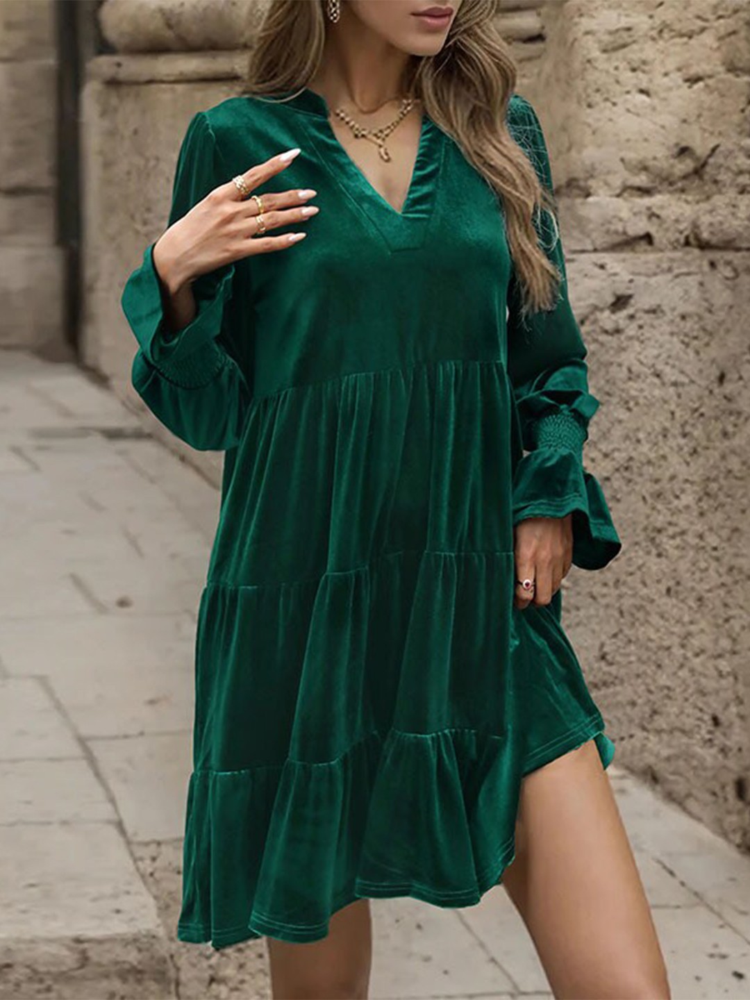 

StyleCast Green V-Neck Tiered A-Line Dress