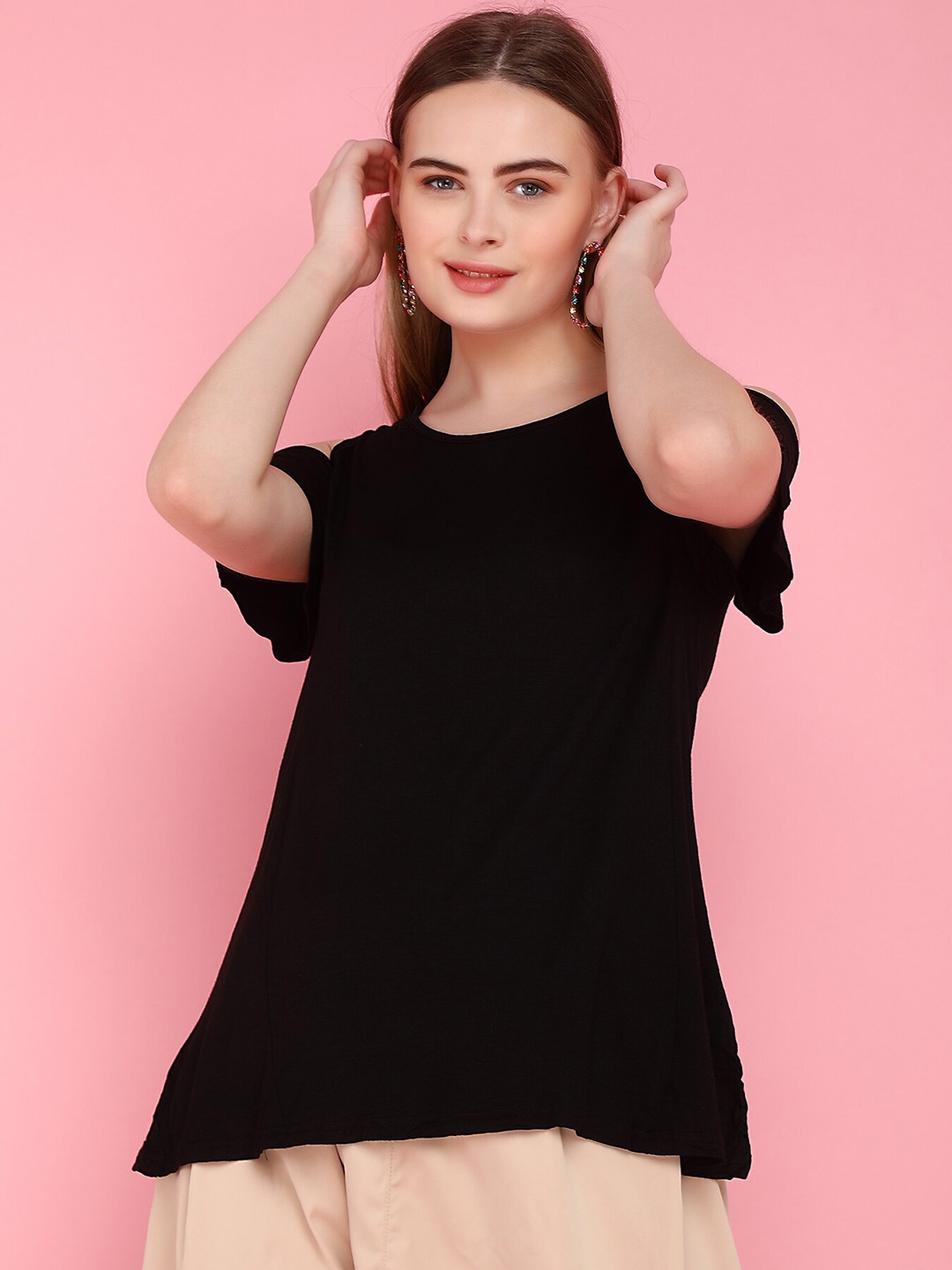 

LULU & SKY Round Neck Cold-Shoulder Sleeves Top, Black