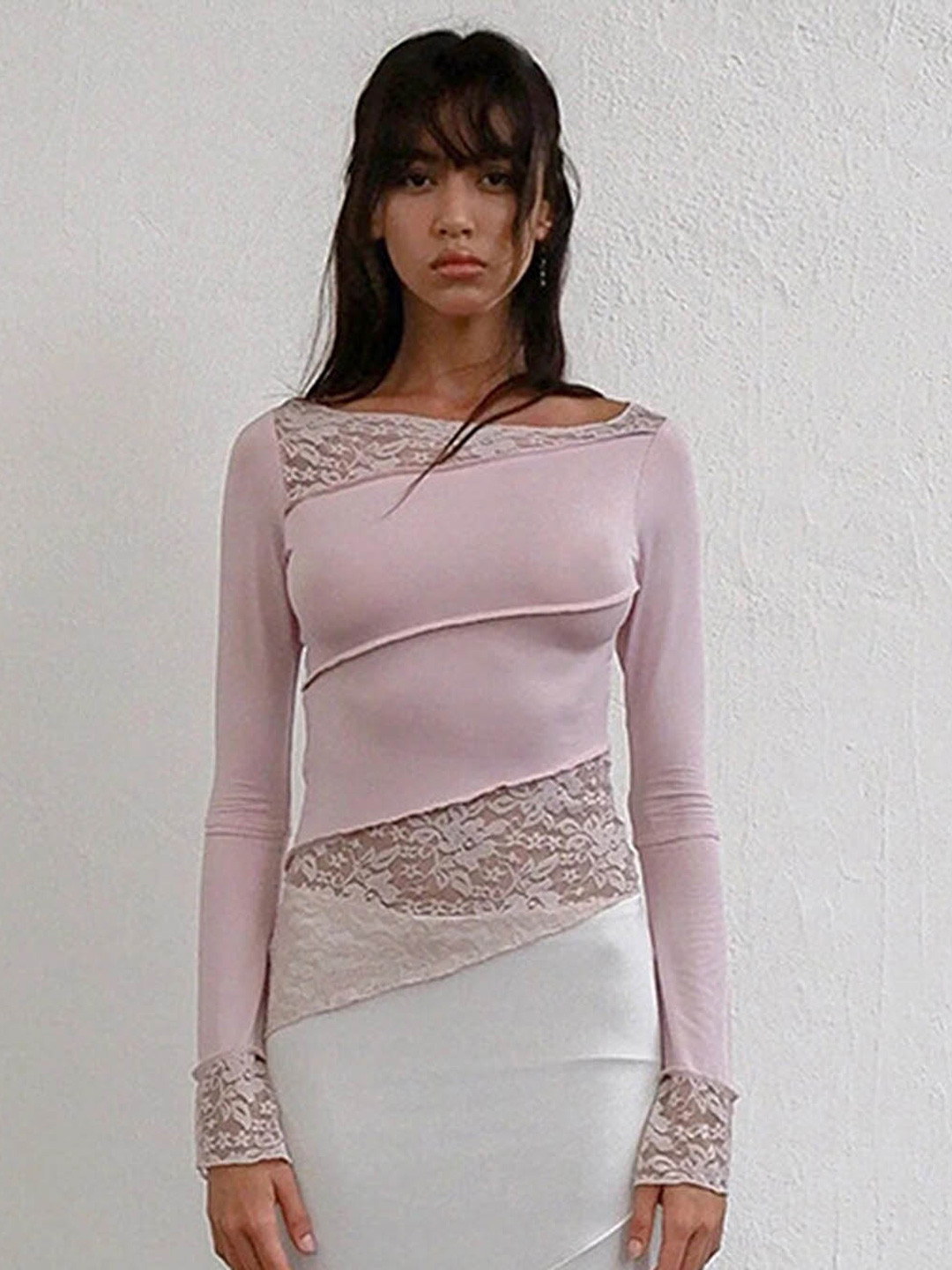 

LULU & SKY Round Neck Long Sleeves Lace Top, Pink