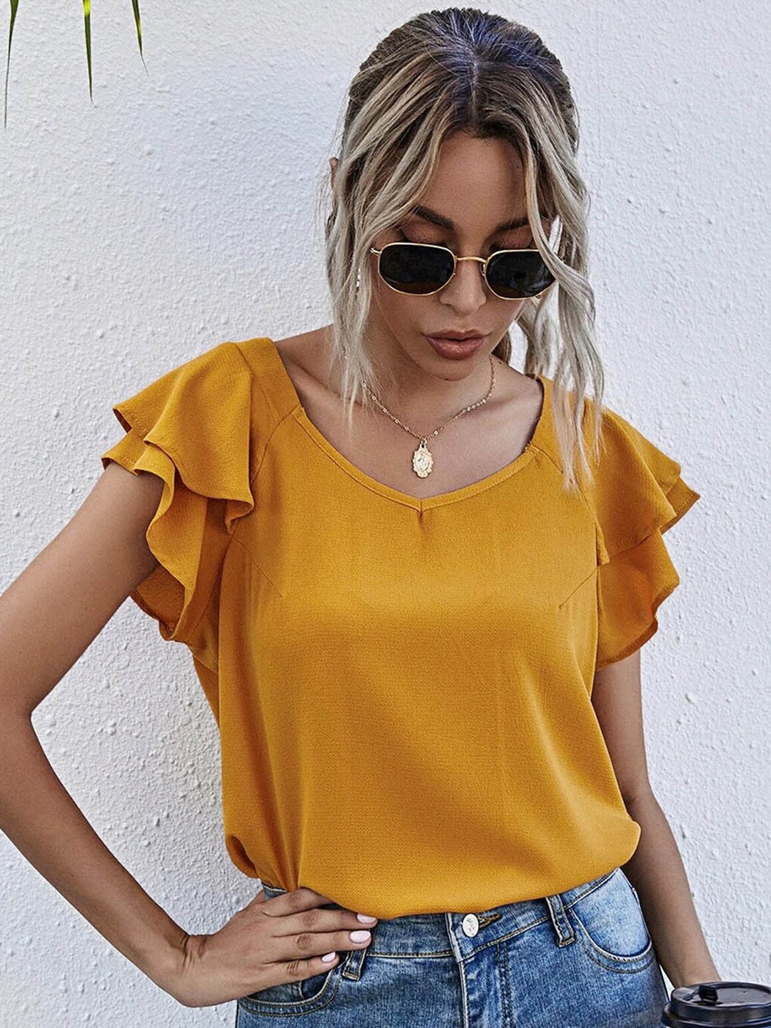 

LULU & SKY Ruffled Flutter Sleeve Top, Yellow