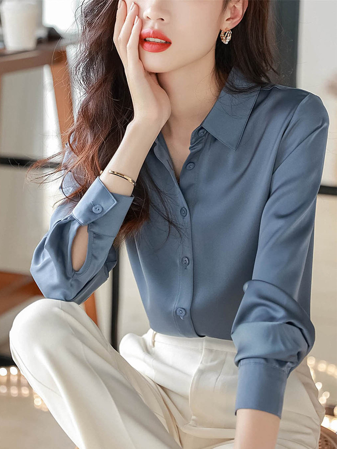 

LULU & SKY Satin Shirt Style Top, Blue