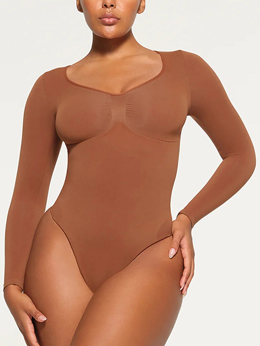 

LULU & SKY Seamless V-Neck Long Sleeves Top, Brown