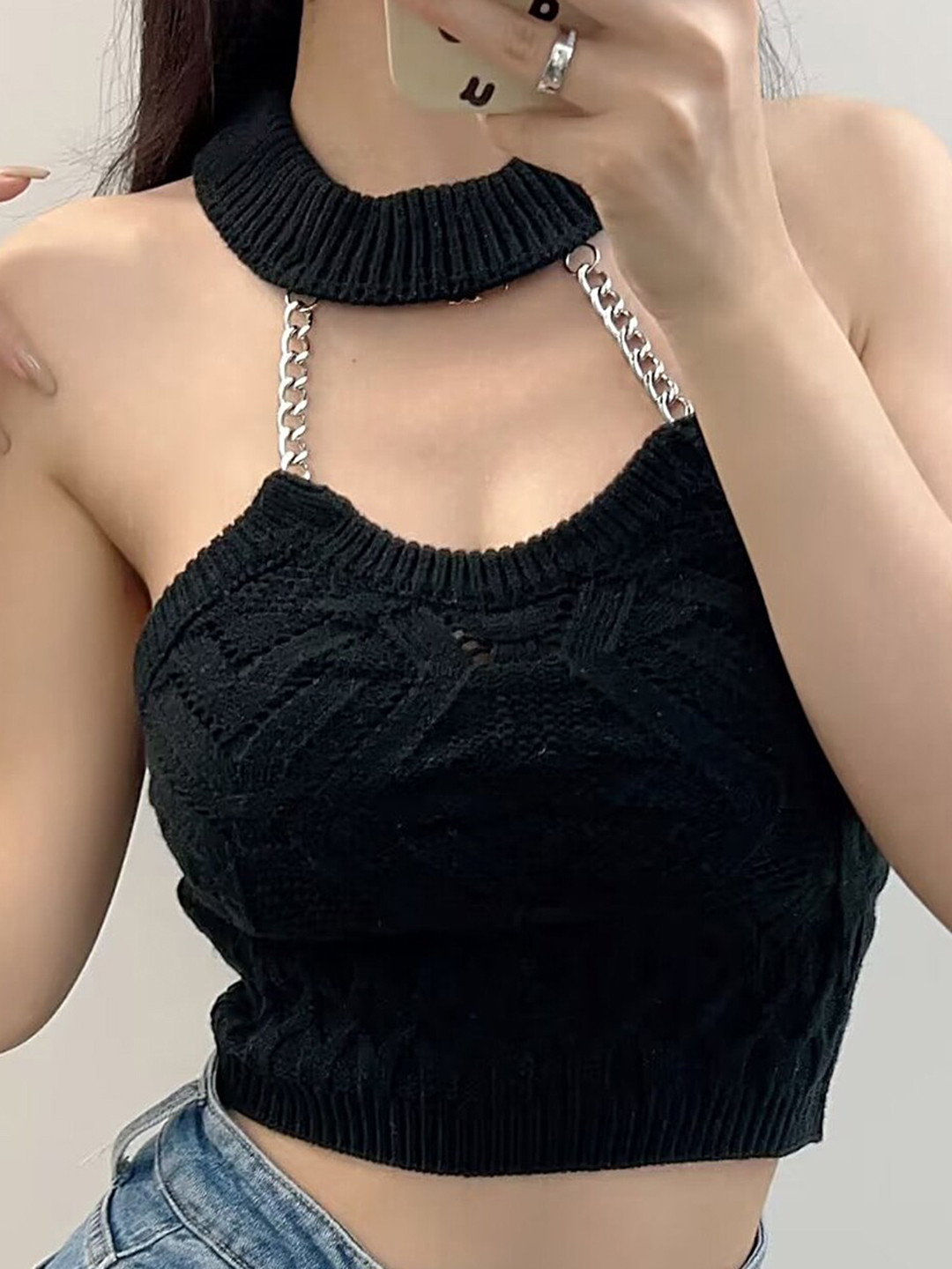 

LULU & SKY Self Design Halter Neck Chain Strap Detail Acrylic Bralette Crop Top, Black