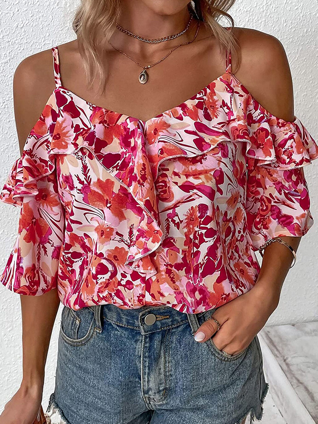 

LULU & SKY Abstract Printed Shoulder Straps Cold-Shoulder Sleeves Ruffles Detail Top, Red
