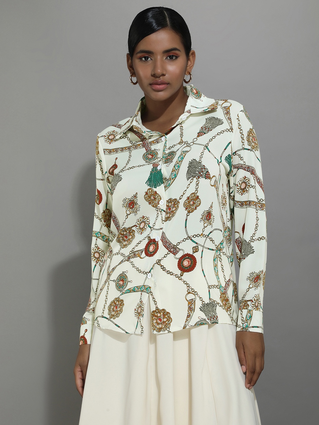 

LULU & SKY Ethnic Motifs Printed Shirt Collar Cuffed Sleeves Shirt Style Top, White