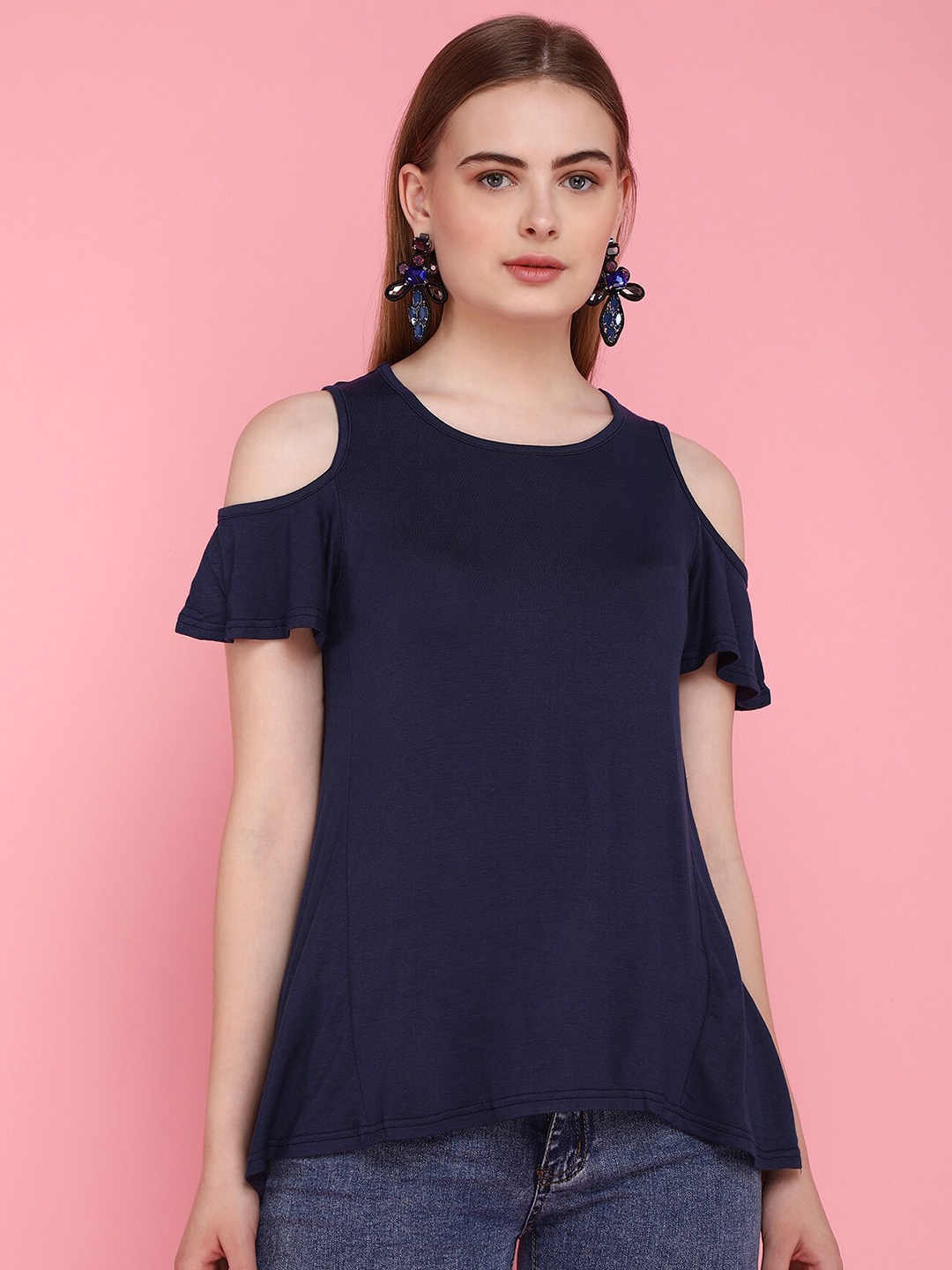 

LULU & SKY Round Neck Cold-Shoulder Sleeves Top, Blue