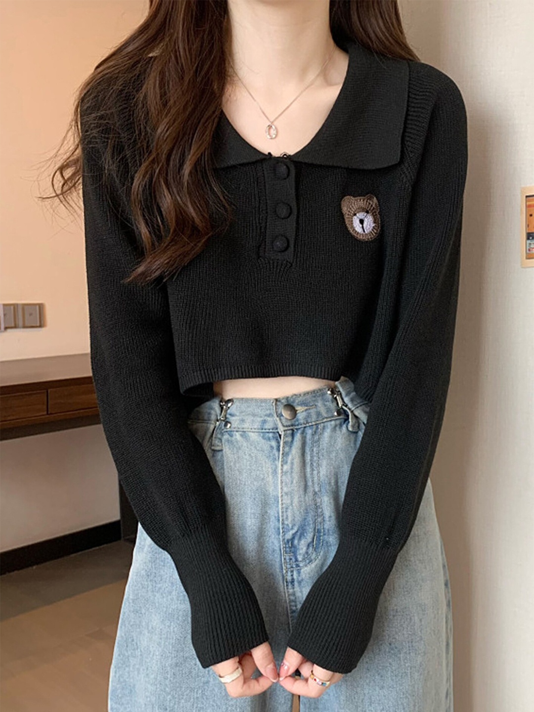 

LULU & SKY Half-Button Spread Collar Crop Top, Black