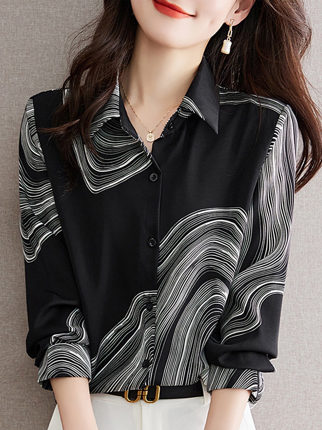 

LULU & SKY Abstract Printed Shirt Style Top, Black