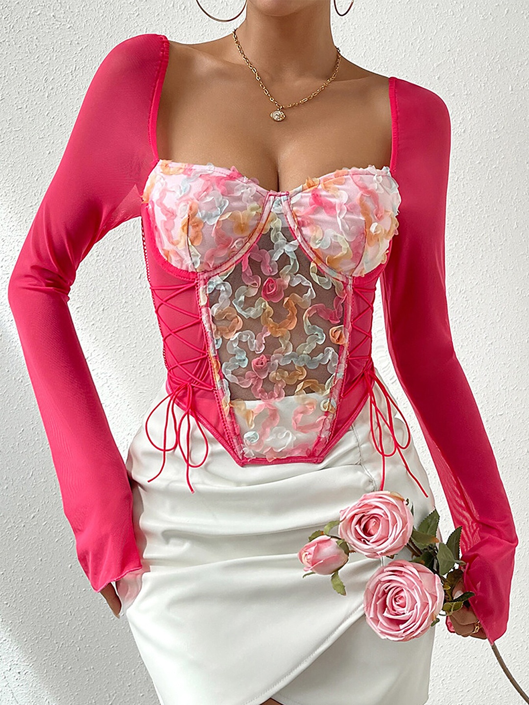 

LULU & SKY Self Design Corset Top, Red