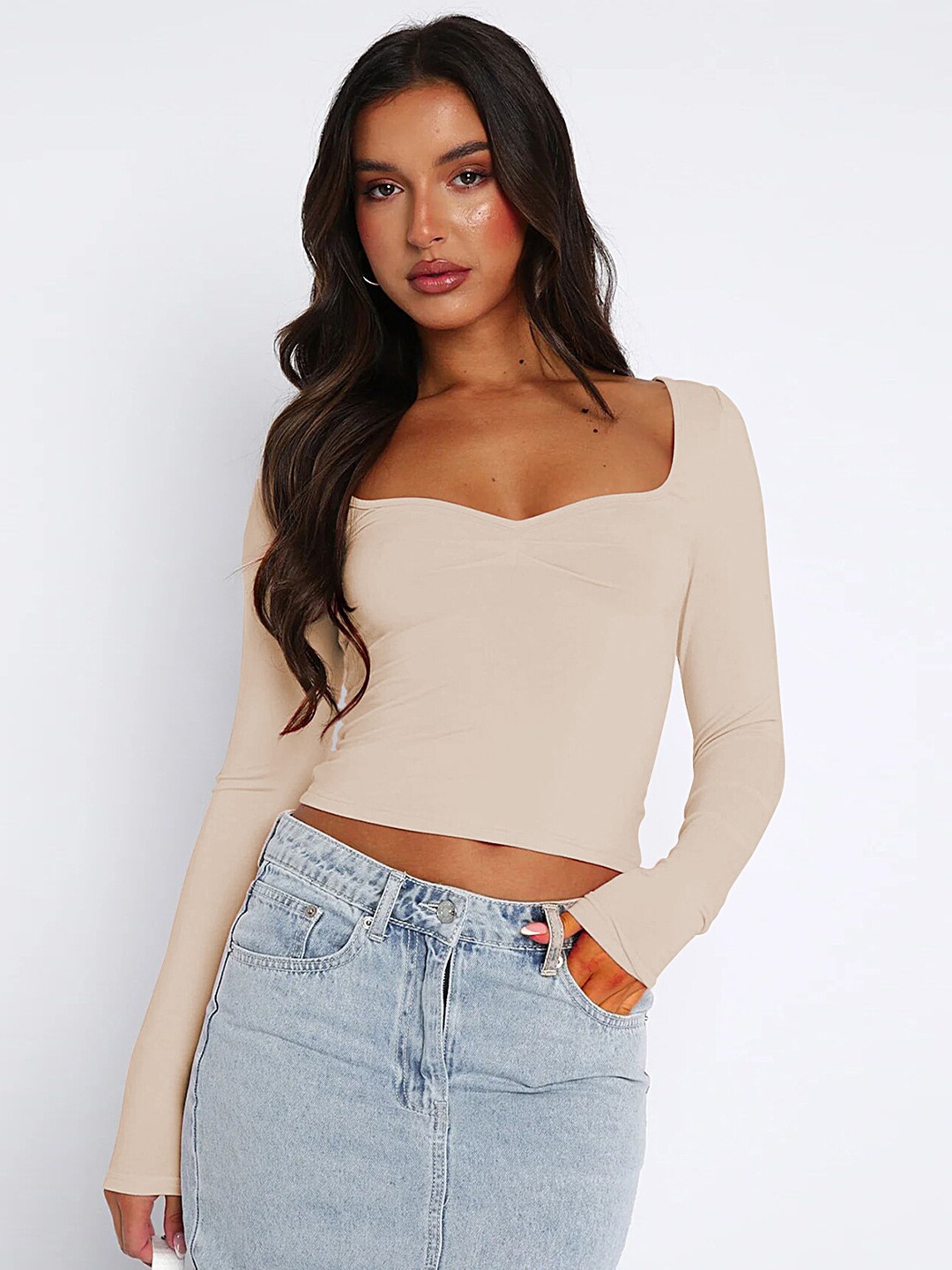 

LULU & SKY Sweetheart Neck Long Sleeves Slim Fit Crop Fitted Top, Beige