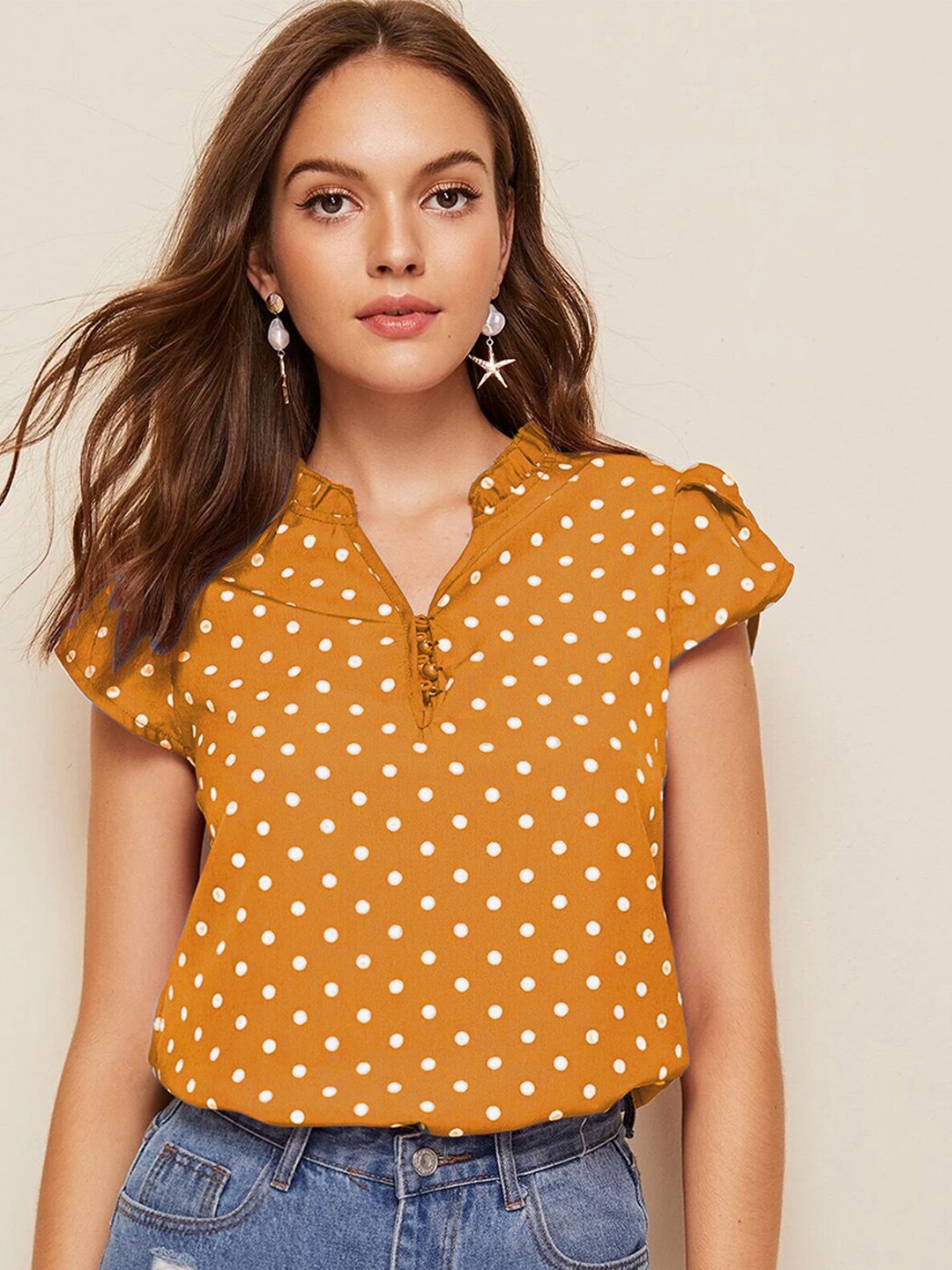

LULU & SKY Polka Dot Printed Mandarin Collar Extended Sleeves Shirt Style Top, Yellow