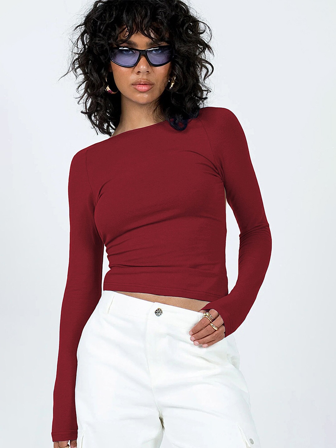 

LULU & SKY Boat Neck Long Sleeves Styled Back Top, Red