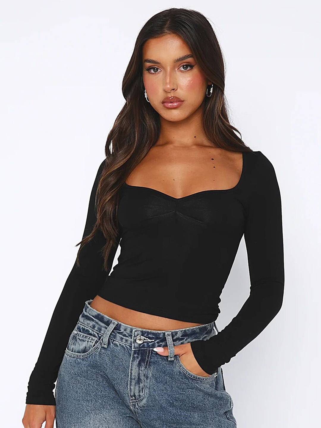 

LULU & SKY Sweetheart Neck Long Sleeves Top, Black
